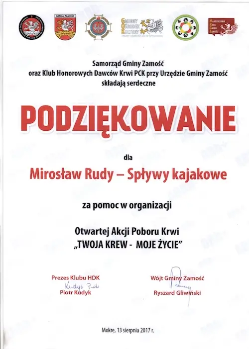 Podziękowanie Samorządu Gminiy Zamość dla agroturystyki Na Górze