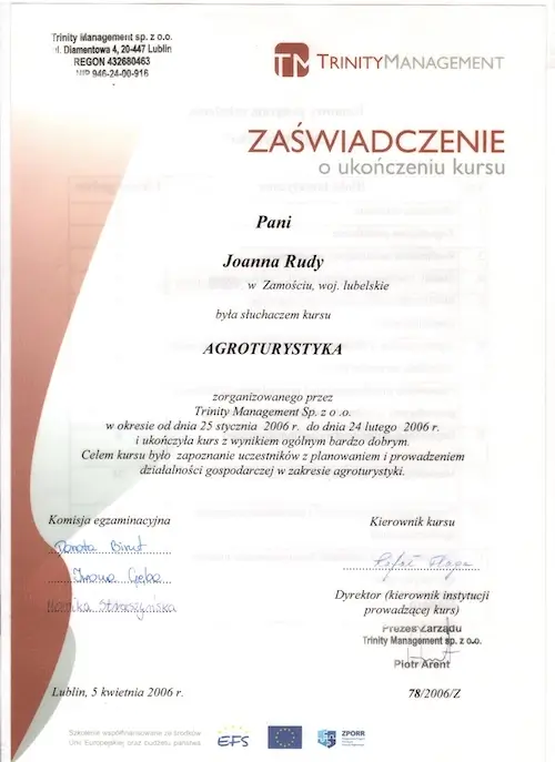Zaświadczenie o ukończeniu kursu Agroturystyka