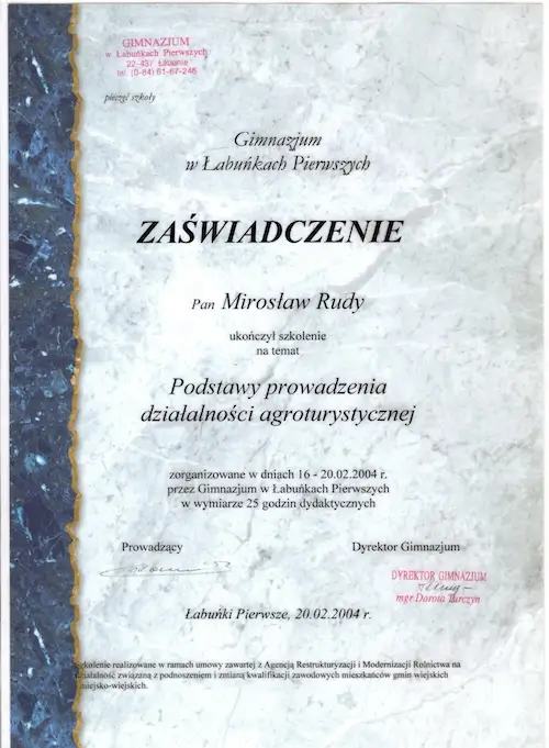 Zaświadczenie o ukończeniu szkolenia podstaw prowadzenia działalności agroturystycznej