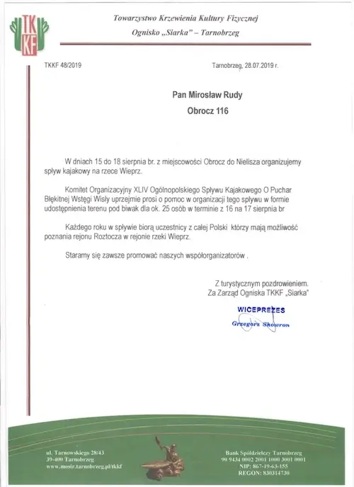 Podziękowanie Towarzystwa Krzewienia Kultury Fizycznej