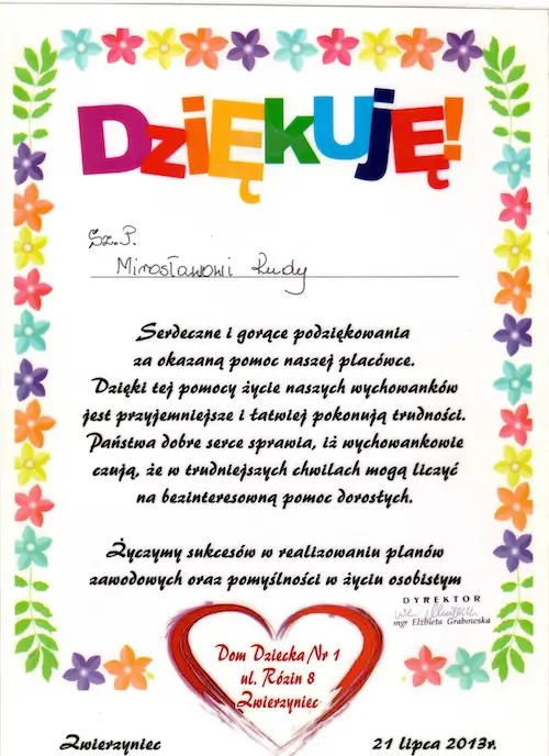 Podziękowanie za udział w organizacji charytatywnej w Zwierzyńcu