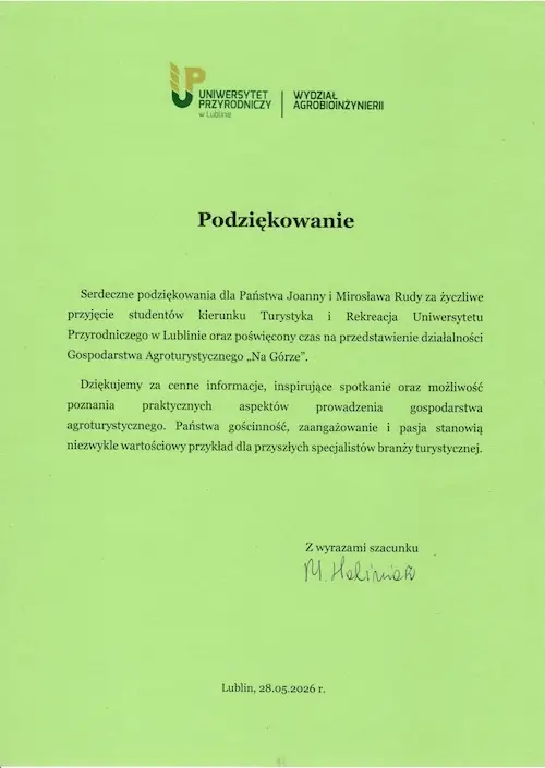 Podziękowanie Uniwersytet Przyrodzniczy Wydział Agrobioinżynierii dla agroturystyki Na Górze
