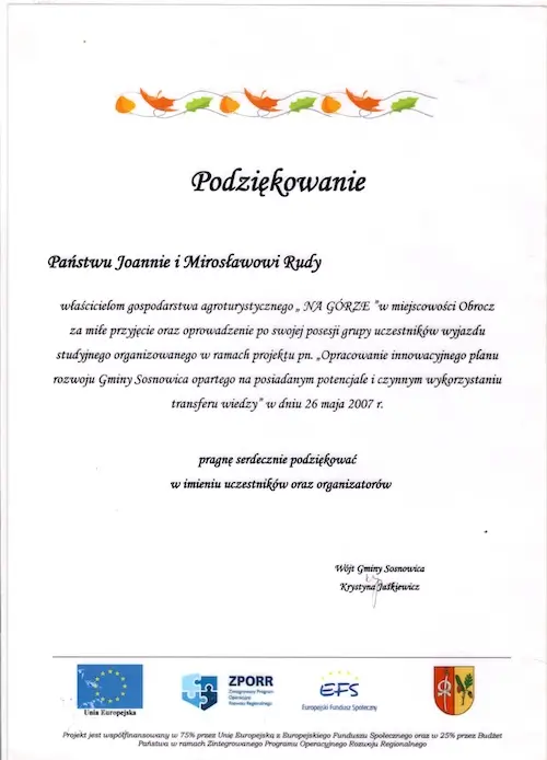 Podziękowanie dla agroturystyki Na Górze