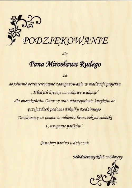 Podziękowanie Młodzieżowy Klub w Obroczy