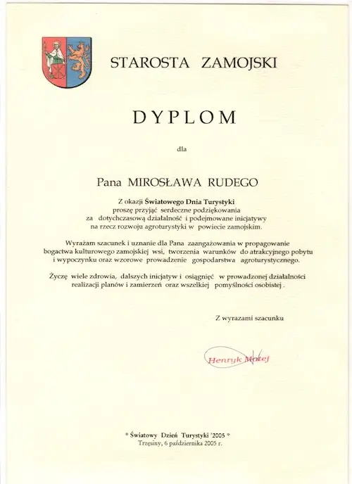 Dyplom Starosta Zamojski Światowy Dzień Turystyki