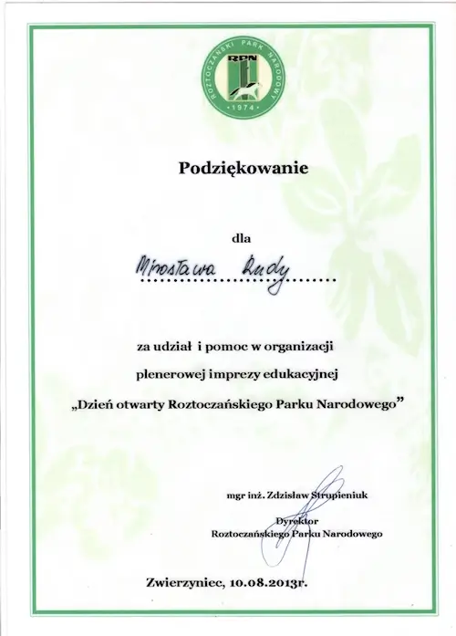 Podziękowanie Roztoczańskiego Parku Narodowego