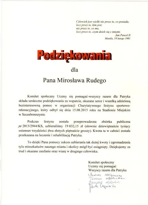 Podziękowaine za udziła w organizacji charytatywnej